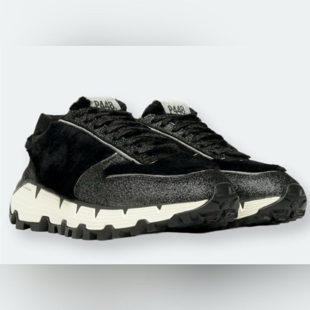 P448 Sneakers Women's 38 8 Jackson Badia Faux Fur Glitter Black Vibram Sole